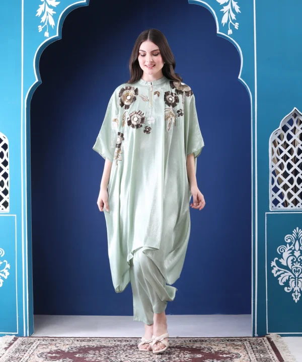 Kaftan Co-ord Set summer Georgette Suit in Mint Green Color - Image 2