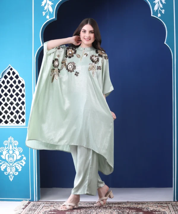 Kaftan Co-ord Set summer Georgette Suit in Mint Green Color - Image 3
