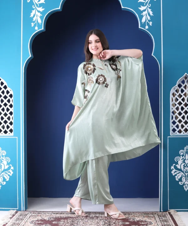 Kaftan Co-ord Set summer Georgette Suit in Mint Green Color - Image 4