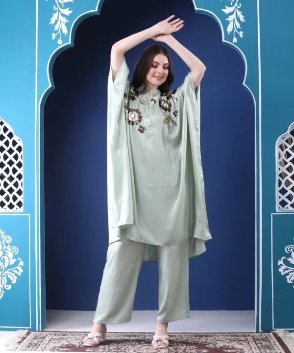 Kaftan Co-ord Set summer Georgette Suit in Mint Green Color - Image 6