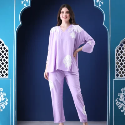 Lavender Two-Piece Co-ord Set  with Hand Embroidery