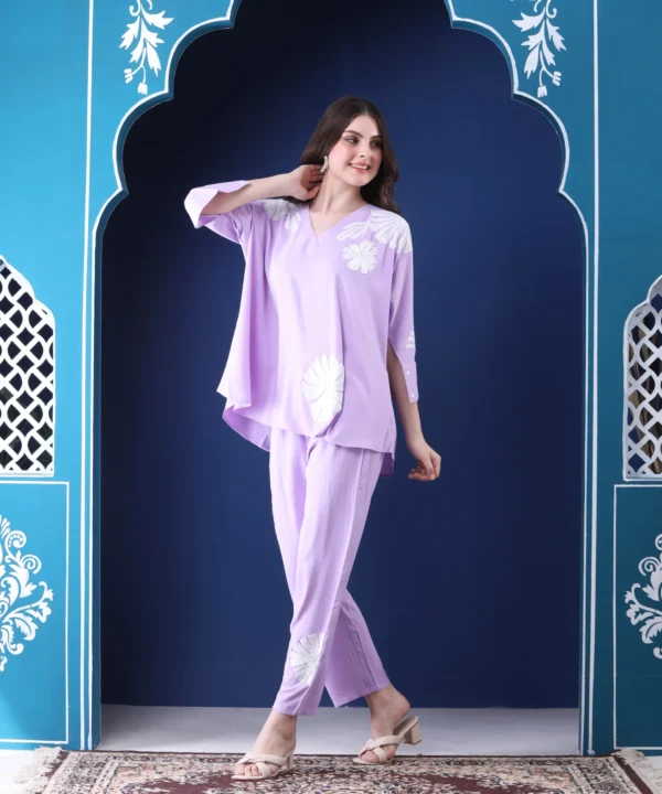 Lavender Two-Piece Co-ord Set  with Hand Embroidery - Image 3