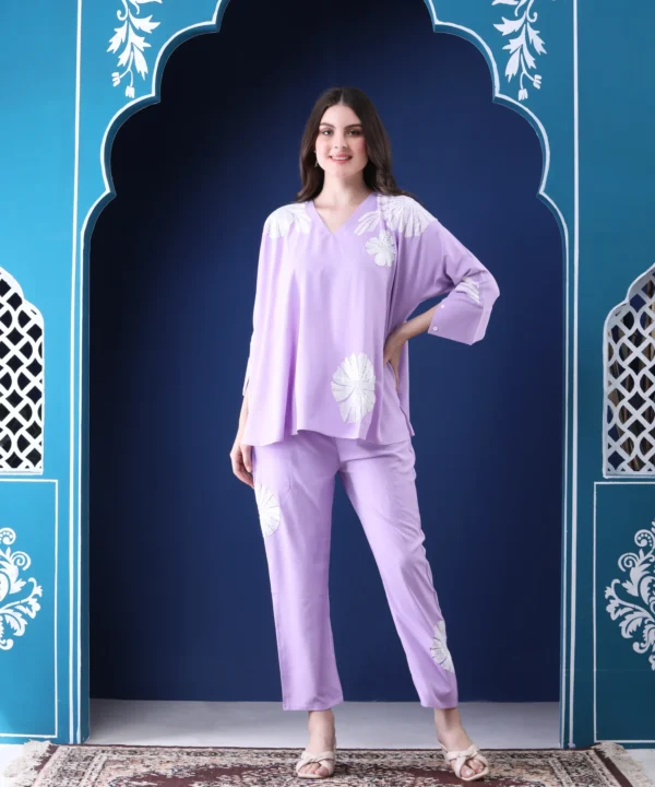 Lavender Two-Piece Co-ord Set  with Hand Embroidery