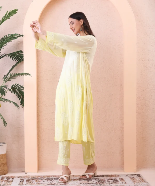Lime Color Kurta Set with Chikan Embroidery - Image 5