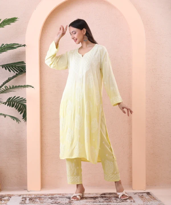 Lime Color Kurta Set with Chikan Embroidery - Image 4