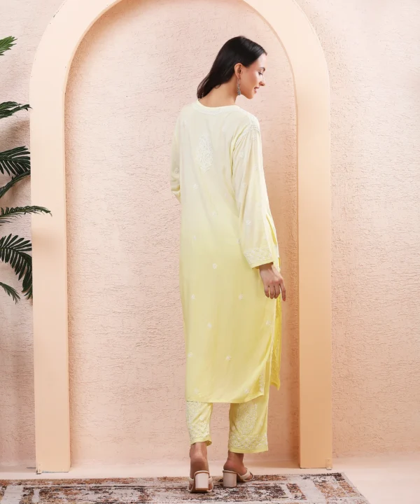 Lime Color Kurta Set with Chikan Embroidery - Image 3