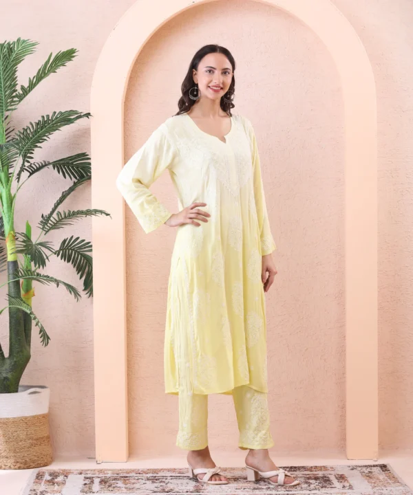 Lime Color Kurta Set with Chikan Embroidery - Image 2