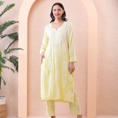Lime Color Kurta Set with Chikan Embroidery