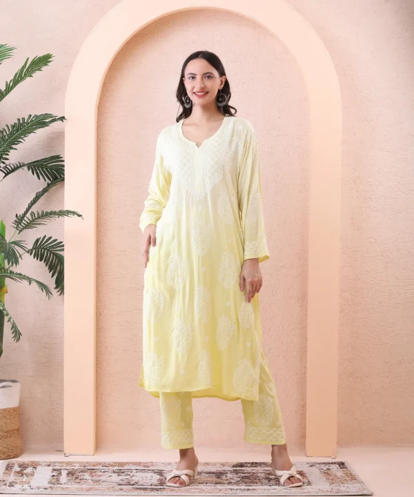 Lime Color Kurta Set with Chikan Embroidery