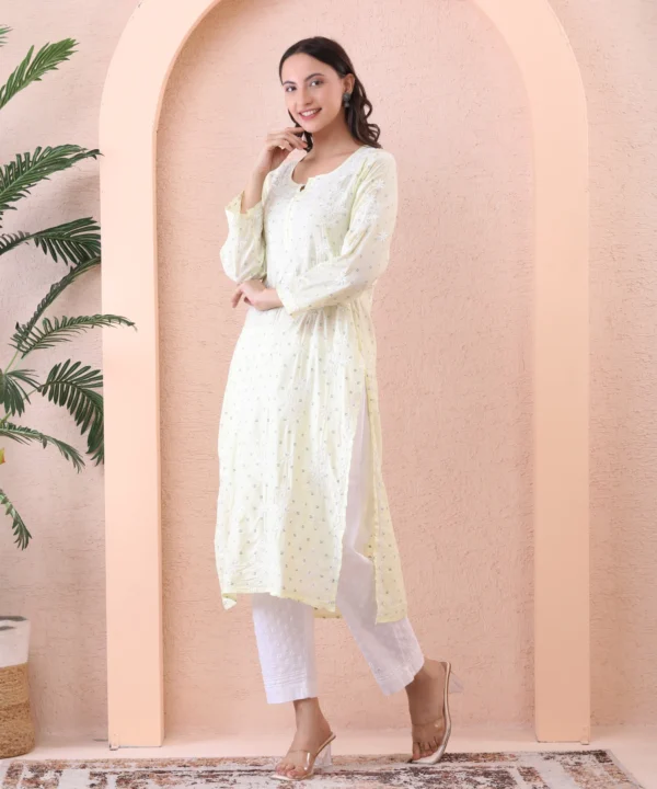 Lime yellow Chanderi Kurti with Chikan Embroidery - Image 4