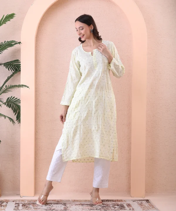 Lime yellow Chanderi Kurti with Chikan Embroidery - Image 5