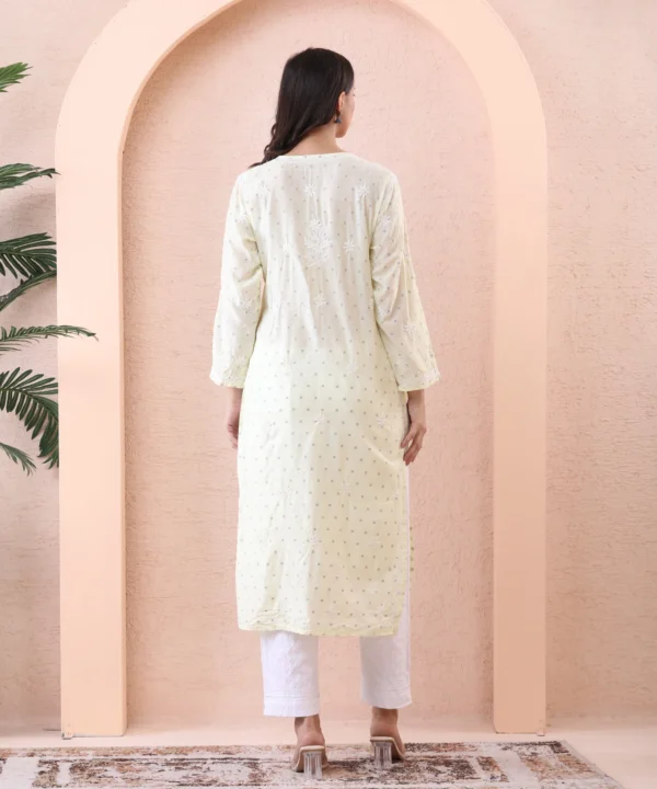 Lime yellow Chanderi Kurti with Chikan Embroidery - Image 3