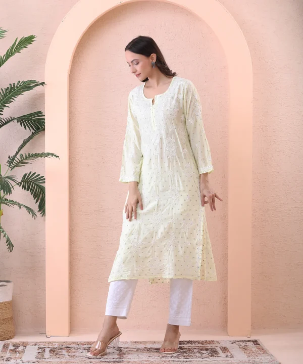 Lime yellow Chanderi Kurti with Chikan Embroidery - Image 2