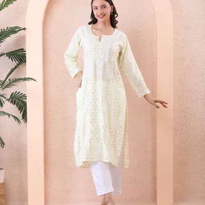Lime yellow Chanderi Kurti with Chikan Embroidery