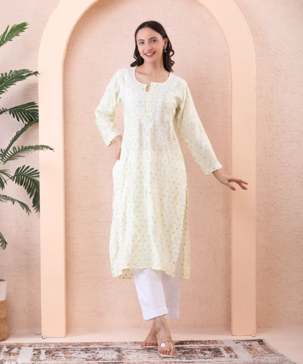 Lime yellow Chanderi Kurti with Chikan Embroidery