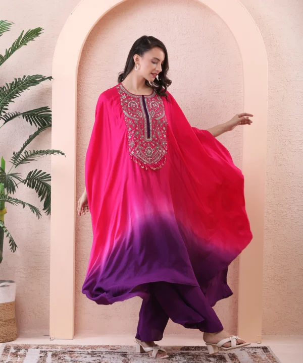 Magenta Chiffon Kaftan Kurta Cord Set with Sequin - Image 4