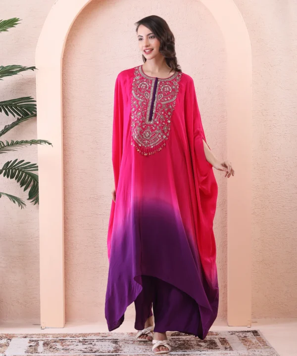 Magenta Chiffon Kaftan Kurta Cord Set with Sequin - Image 3