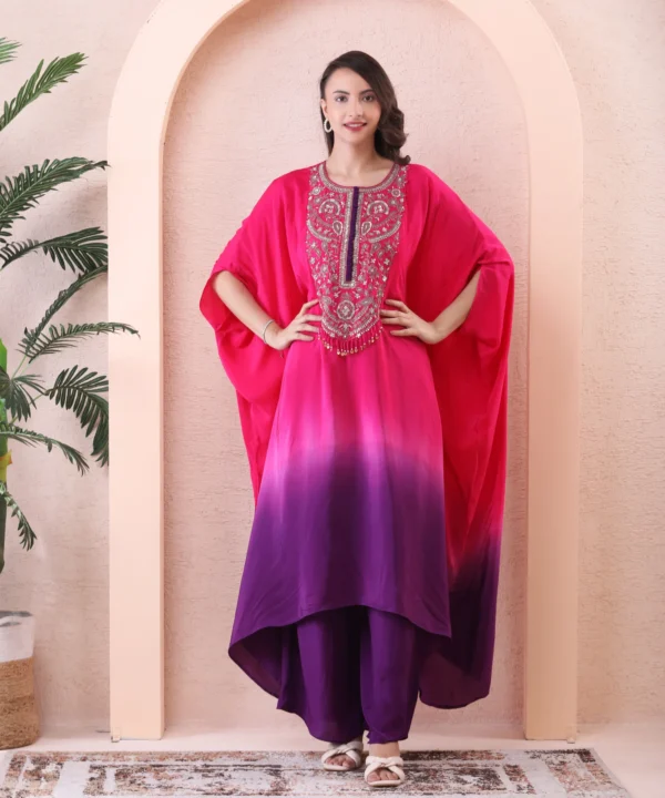 Magenta Chiffon Kaftan Kurta Cord Set with Sequin