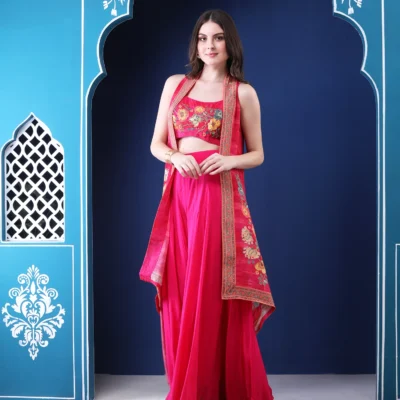 Magenta Crape Cape Set with Asymmetrical Digital Print