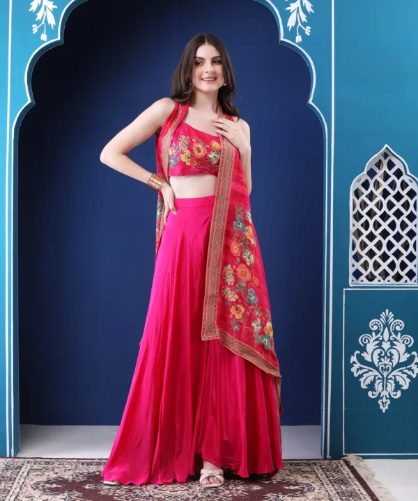 Magenta Crape Cape Set with Asymmetrical Digital Print - Image 5