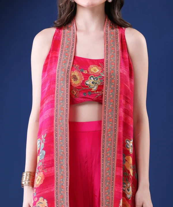 Magenta Crape Cape Set with Asymmetrical Digital Print - Image 2