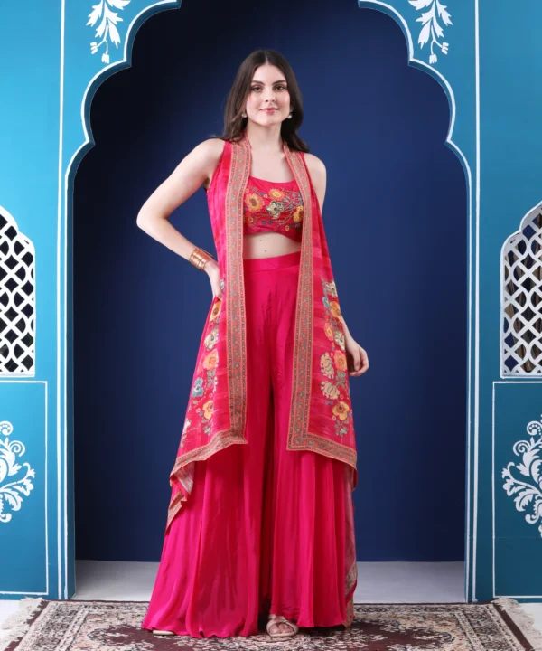 Magenta Crape Cape Set with Asymmetrical Digital Print - Image 3