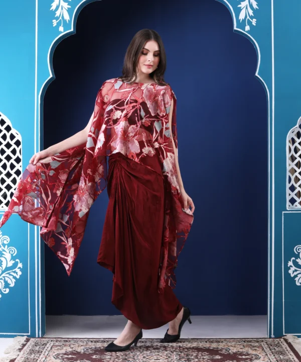 Maroon Kaftan Cape Set with Tulip Pants in Digital Printed - Image 2