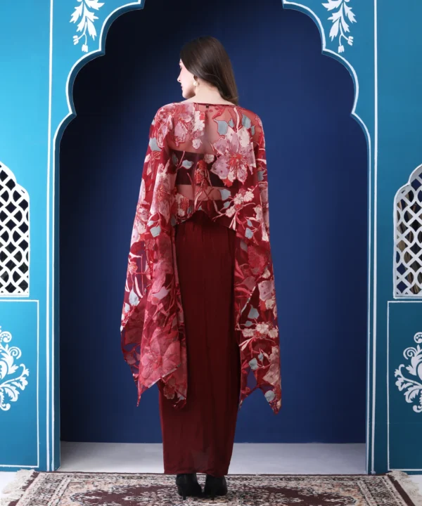 Maroon Kaftan Cape Set with Tulip Pants in Digital Printed - Image 3