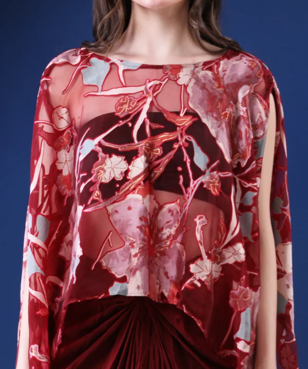 Maroon Kaftan Cape Set with Tulip Pants in Digital Printed - Image 4