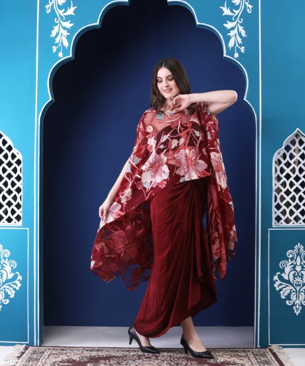 Maroon Kaftan Cape Set with Tulip Pants in Digital Printed - Image 5