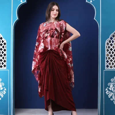 Maroon Kaftan Cape Set with Tulip Pants in Digital Printed