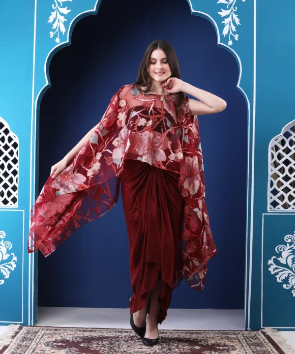Maroon Kaftan Cape Set with Tulip Pants in Digital Printed - Image 6