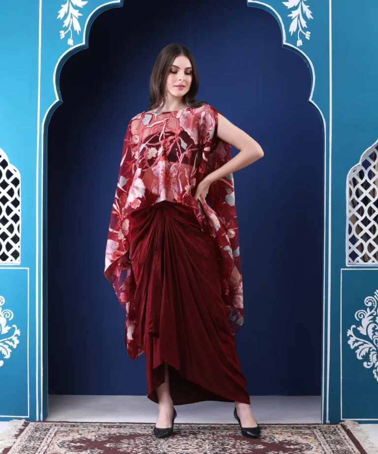 Maroon Kaftan Cape Set with Tulip Pants in Digital Printed Harika