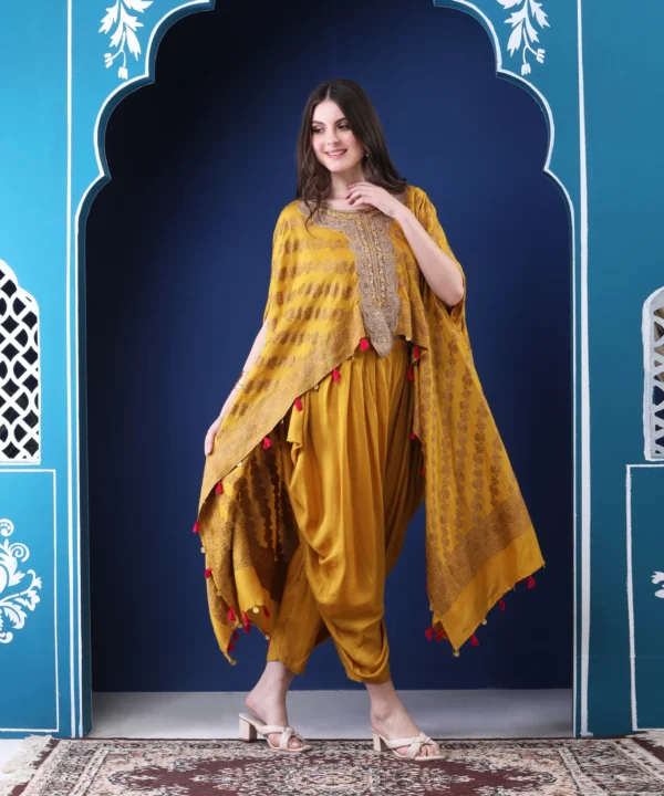 Mustard Jacquard Silk Brocade Cape Set with Pipe Embroidered - Image 4