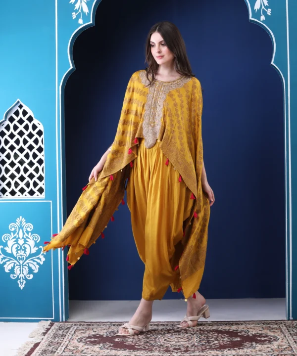 Mustard Jacquard Silk Brocade Cape Set with Pipe Embroidered - Image 3