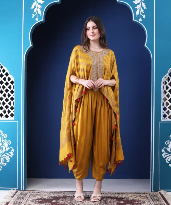 Mustard Jacquard Silk Brocade Cape Set with Pipe Embroidered - Image 2