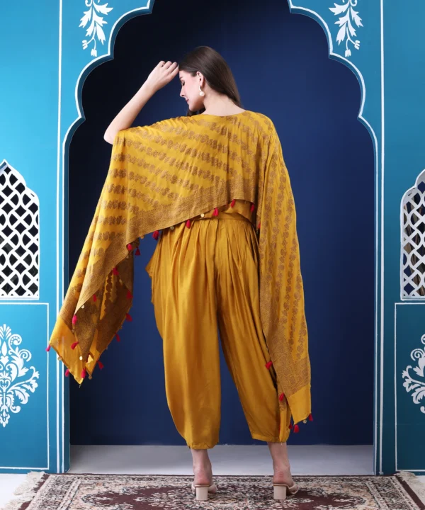 Mustard Jacquard Silk Brocade Cape Set with Pipe Embroidered - Image 5