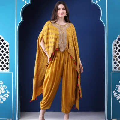 Mustard Jacquard Silk Brocade Cape Set with Pipe Embroidered