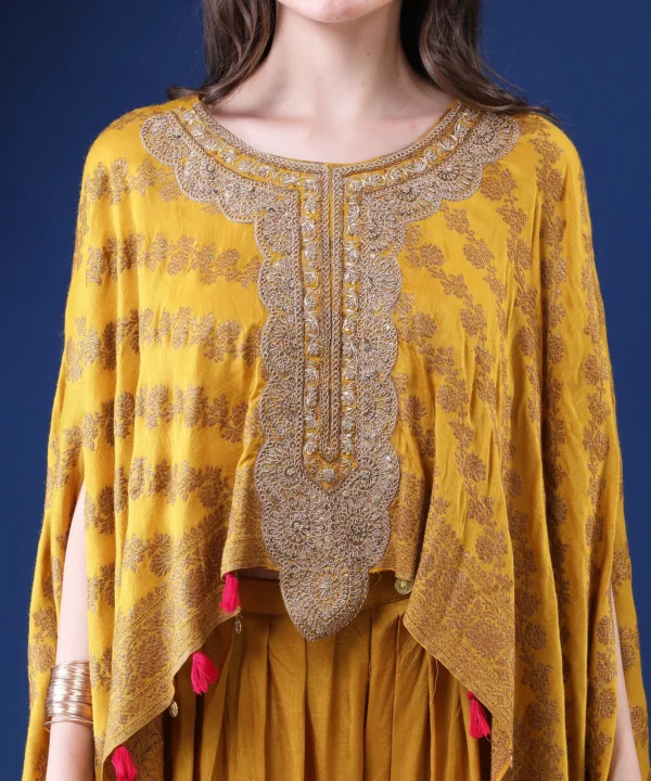 Mustard Jacquard Silk Brocade Cape Set with Pipe Embroidered - Image 6