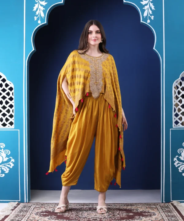 Mustard Jacquard Silk Brocade Cape Set with Pipe Embroidered