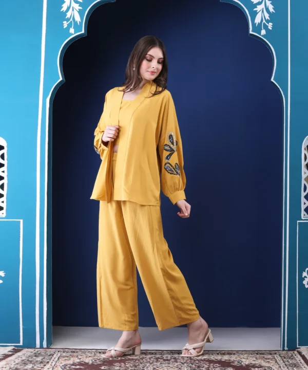 Mustard Three-Piece Co-ord Set with Sequin Handwork Shrug - Image 2