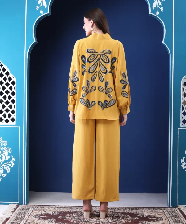 Mustard Three-Piece Co-ord Set with Sequin Handwork Shrug - Image 4