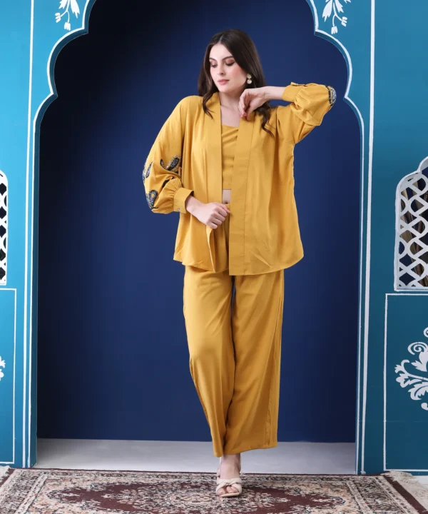 Mustard Three-Piece Co-ord Set with Sequin Handwork Shrug - Image 5