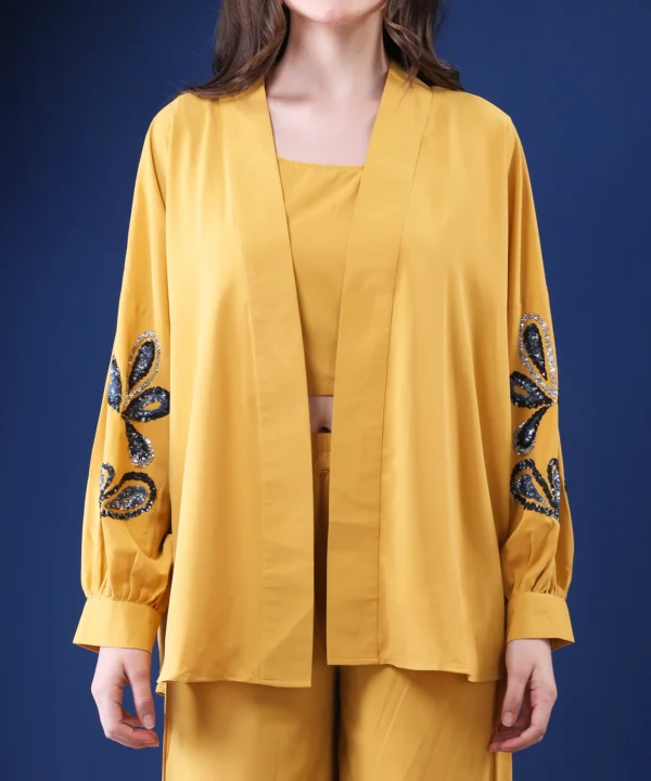 Mustard Three-Piece Co-ord Set with Sequin Handwork Shrug - Image 3