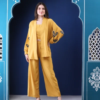 Mustard Three-Piece Co-ord Set with Sequin Handwork Shrug