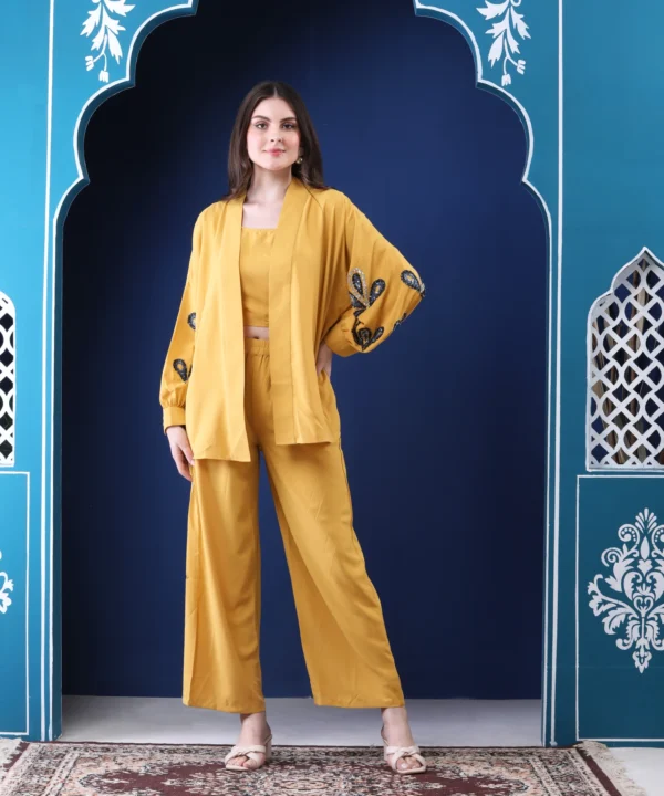 Mustard Three-Piece Co-ord Set with Sequin Handwork Shrug