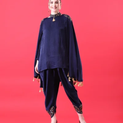 Navy Blue Three-Piece Co-ord Set with Hand Embroidered