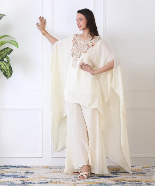 Off-White Asymmetrical Kaftan Cord Set with Flared Satin Crape Plasso - Image 5