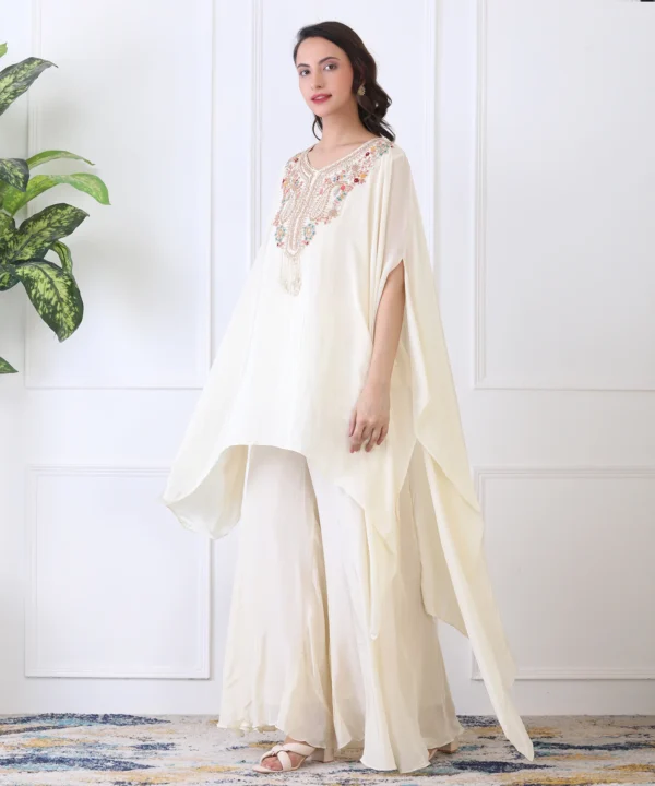 Off-White Asymmetrical Kaftan Cord Set with Flared Satin Crape Plasso - Image 4