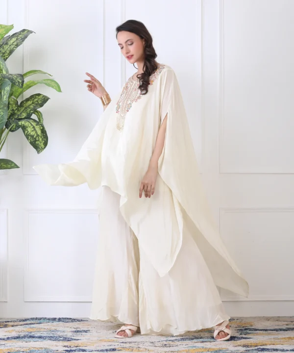 Off-White Asymmetrical Kaftan Cord Set with Flared Satin Crape Plasso - Image 3
